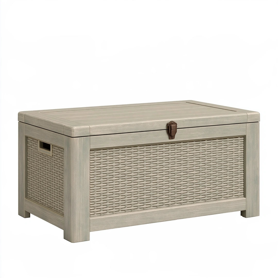 Coffre de rangement 120 x 55 x 60 cm en résine beige tressée avec couvercle