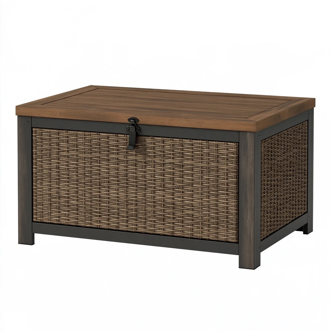 Coffre de rangement extérieur 120 x 60 x 65 cm en résine tressée marron avec couvercle style contemporain