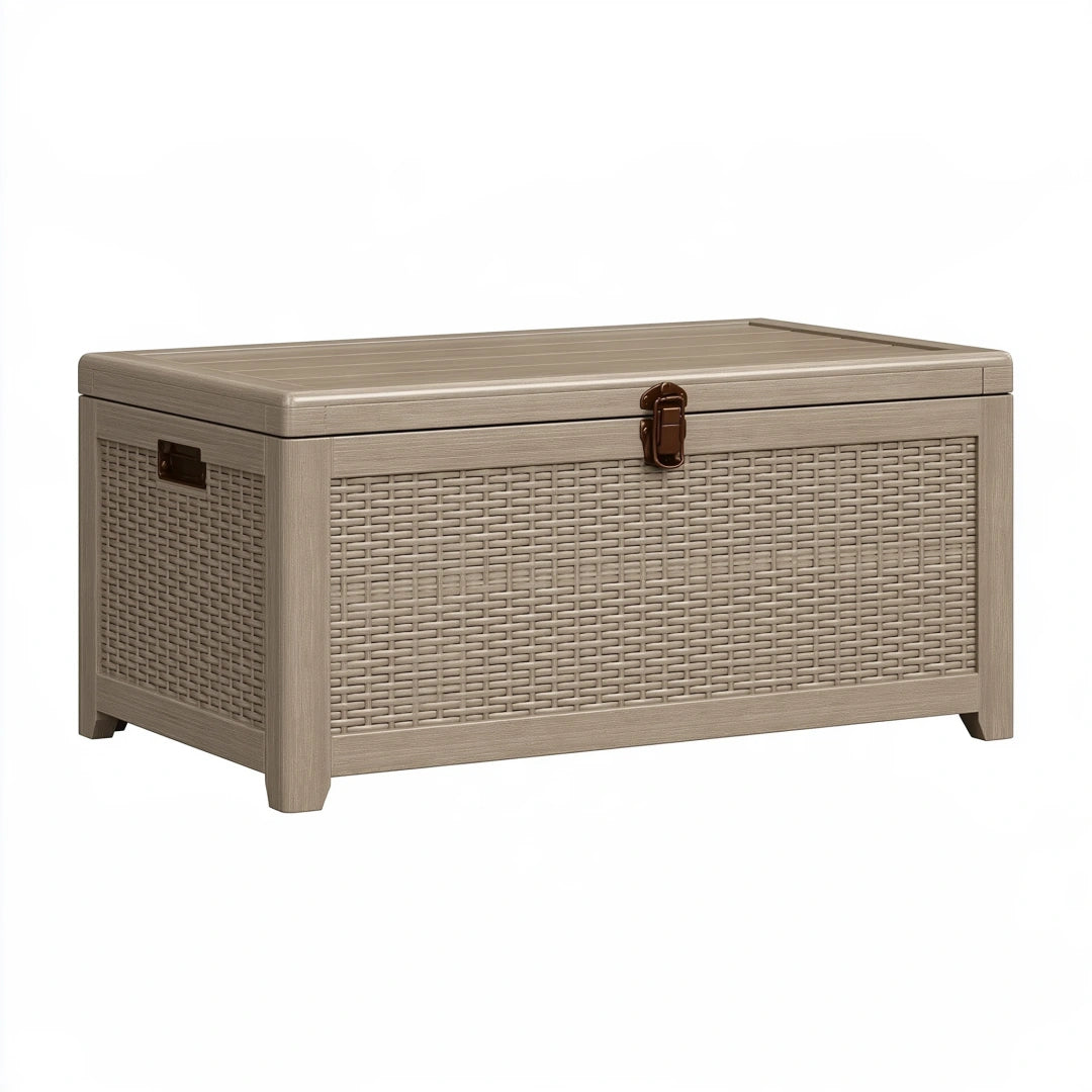Coffre de rangement extérieur 120 x 55 x 60 cm en résine taupe tressée avec couvercle à loquet
