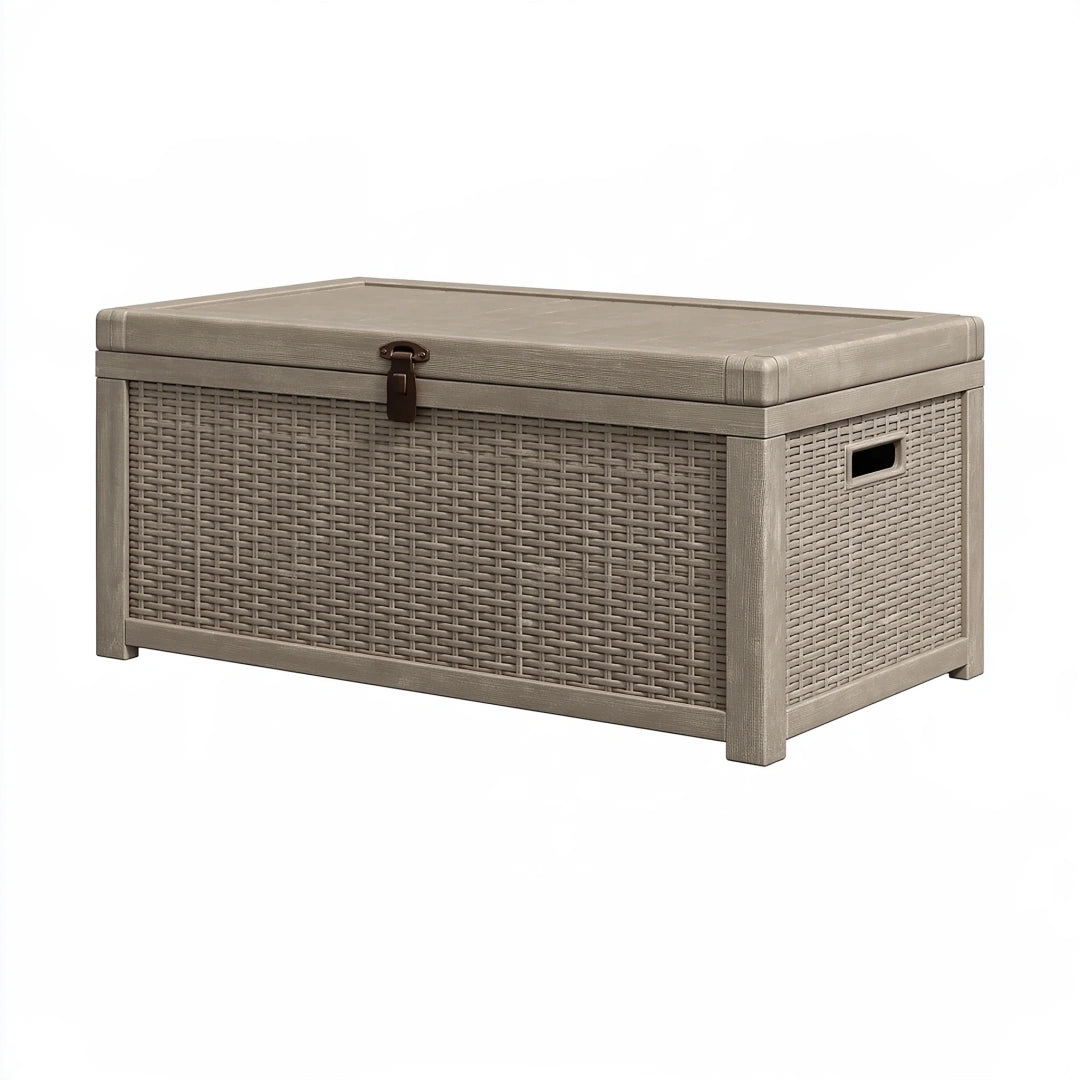 Coffre de rangement 100 x 50 x 50 cm en résine tressée taupe avec couvercle