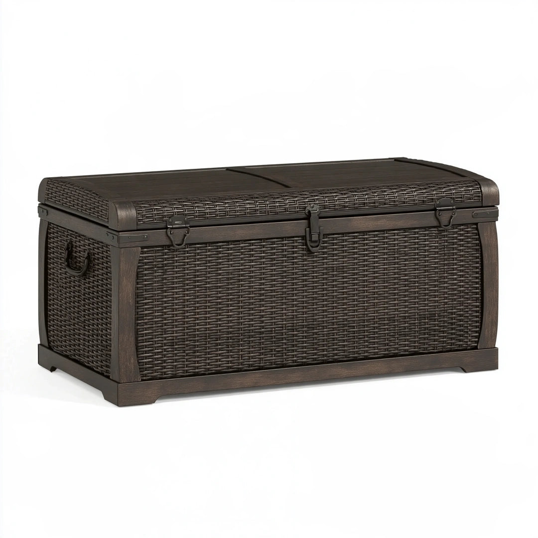 Coffre de rangement 120 x 50 x 55 cm en bois et rotin tressé marron foncé style rustique