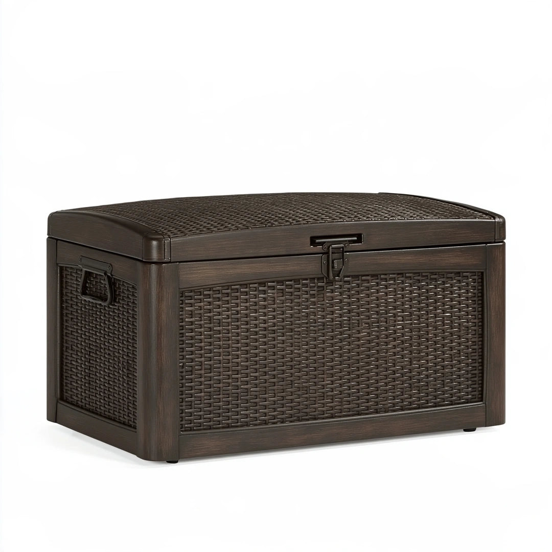 Coffre de rangement 120 x 60 x 65 cm en résine tressée marron pour extérieur avec couvercle