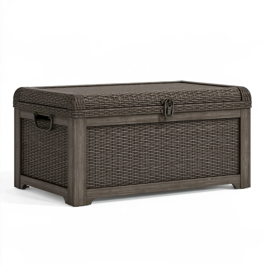 Coffre de rangement 100 x 50 x 50 cm en résine tressée gris foncé avec couvercle