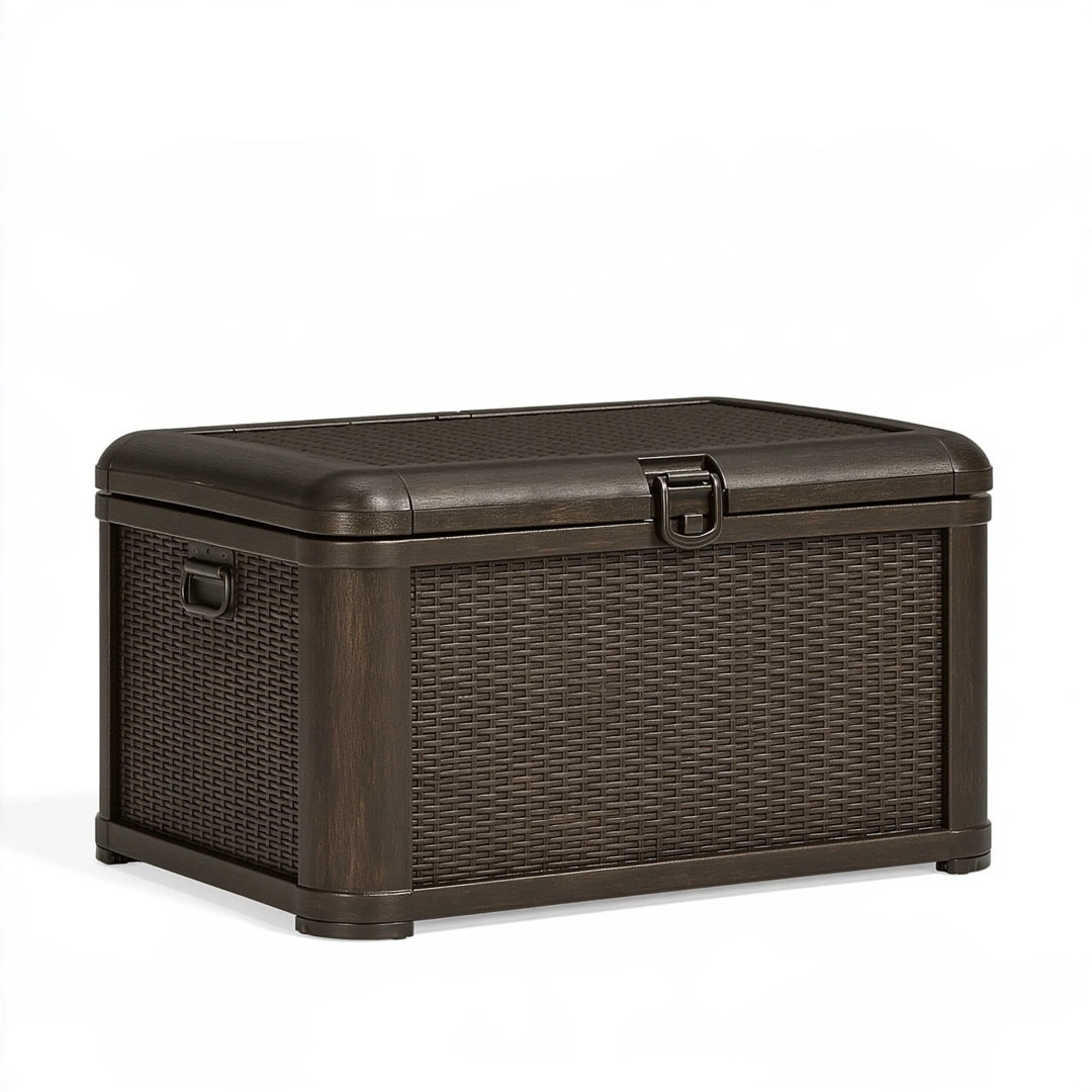 Coffre de rangement 120 x 52 x 58 cm en résine brun tressé - extérieur avec couvercle