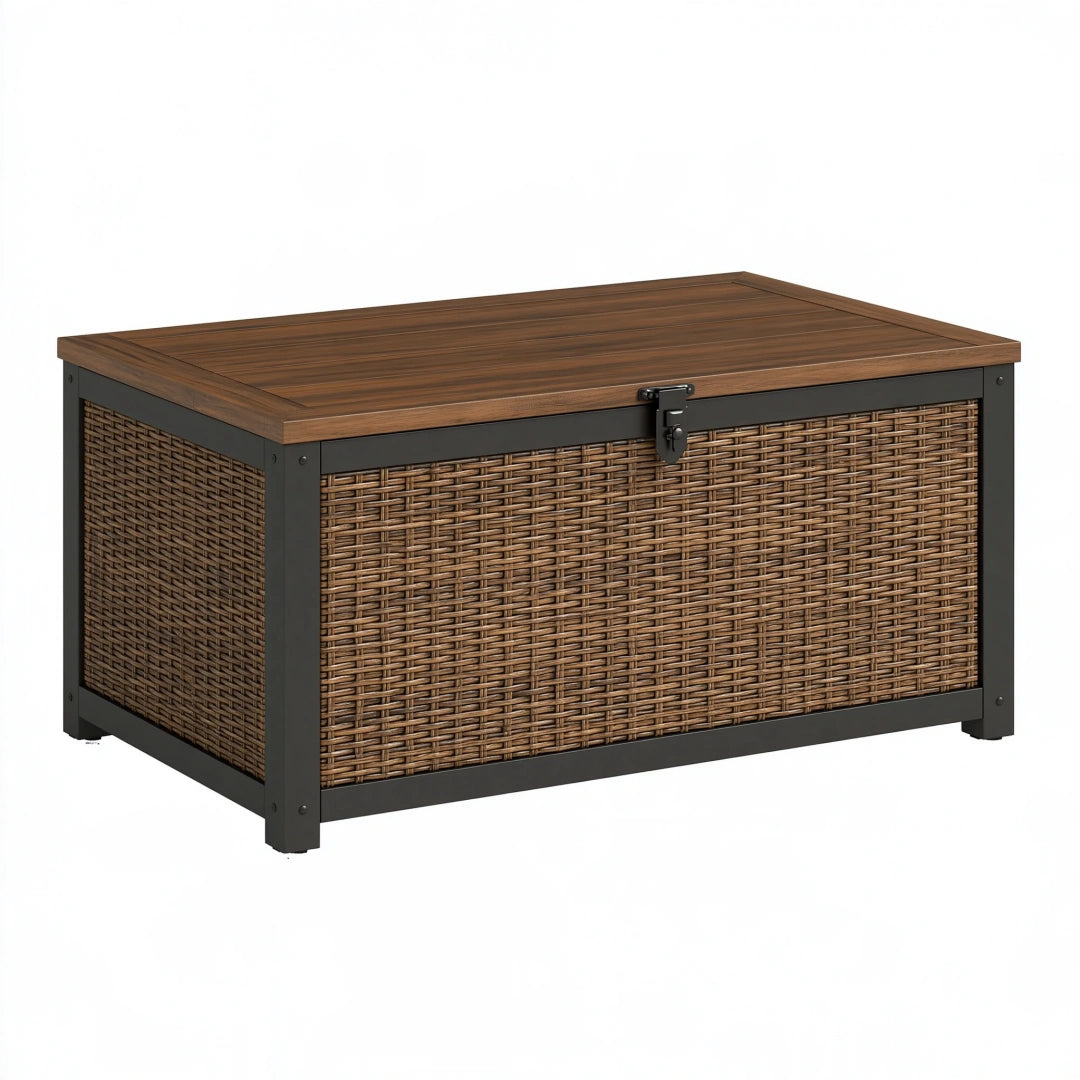 Coffre de rangement extérieur 120 x 60 x 60 cm en résine tressée marron avec couvercle effet bois