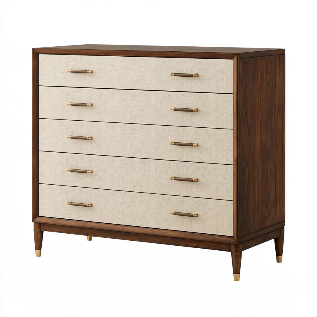 Commode 120 x 45 x 100 cm en bois marron et tissu beige à 5 tiroirs style contemporain