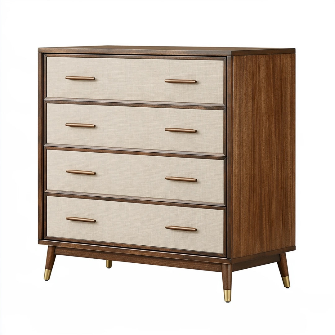 Commode 100 x 45 x 110 cm en bois marron beige à 4 tiroirs style rétro