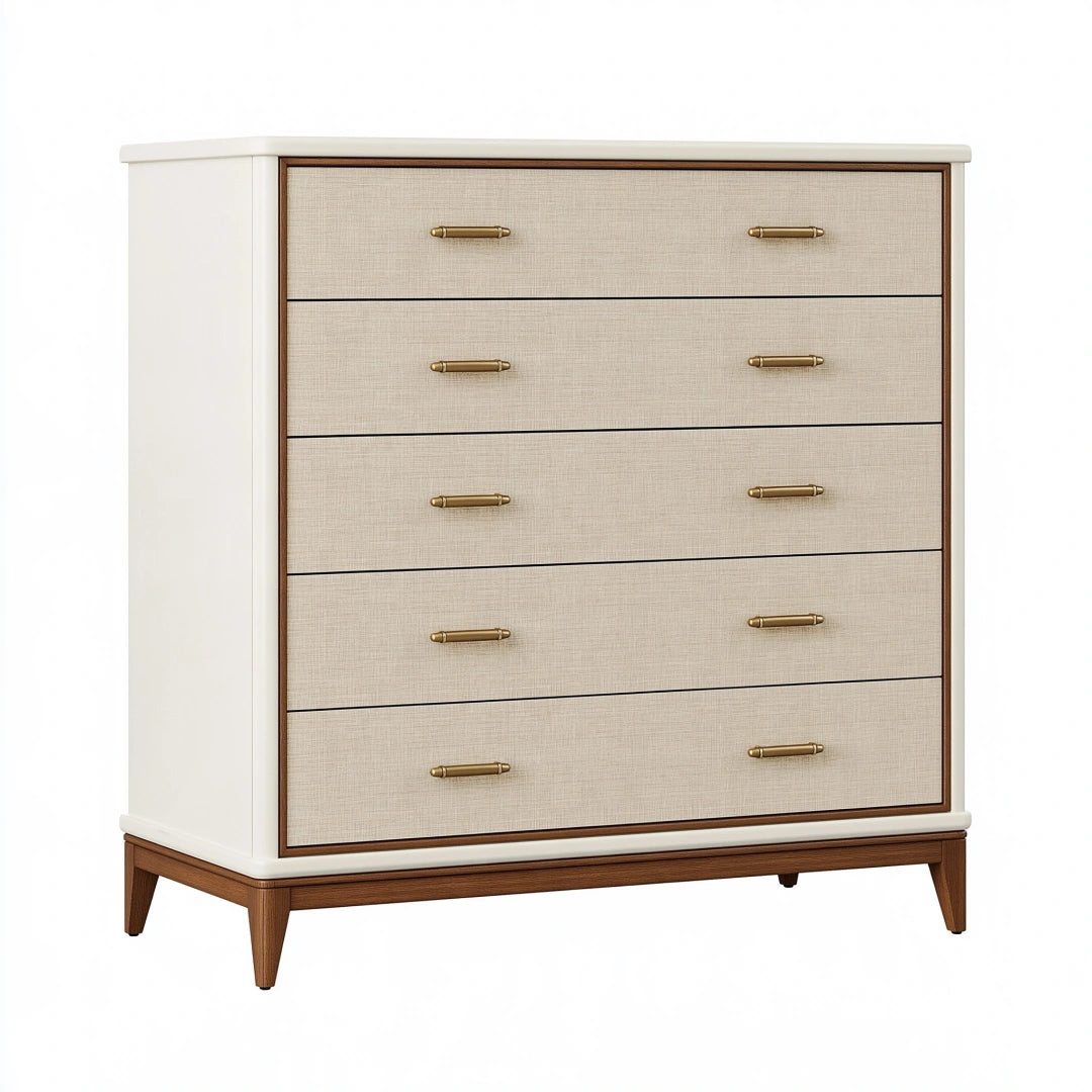 Commode 100 x 45 x 110 cm en bois blanc et noyer à 5 tiroirs style contemporain
