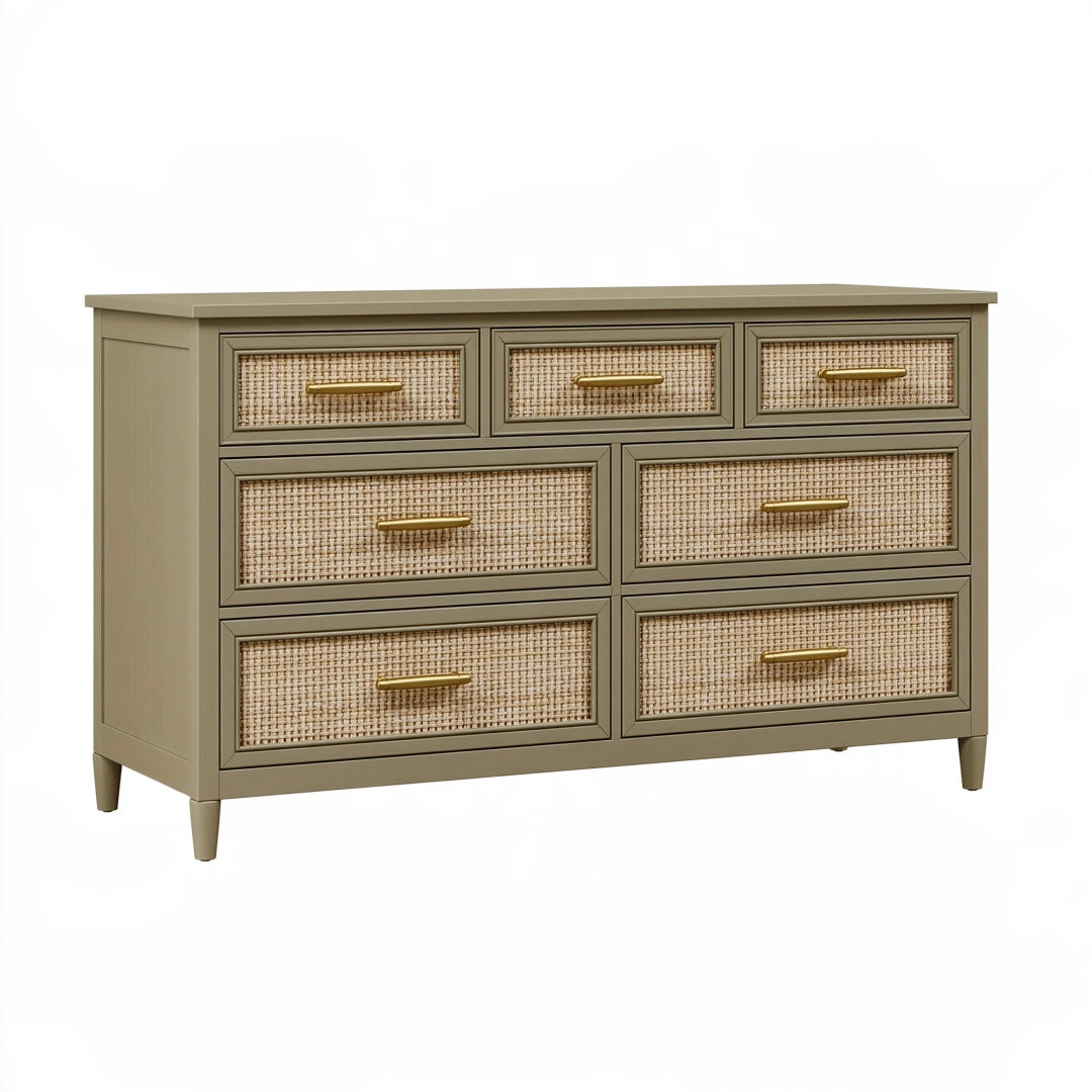 Commode 150 x 45 x 85 cm en bois beige avec façades en cannage et 7 tiroirs style rétro