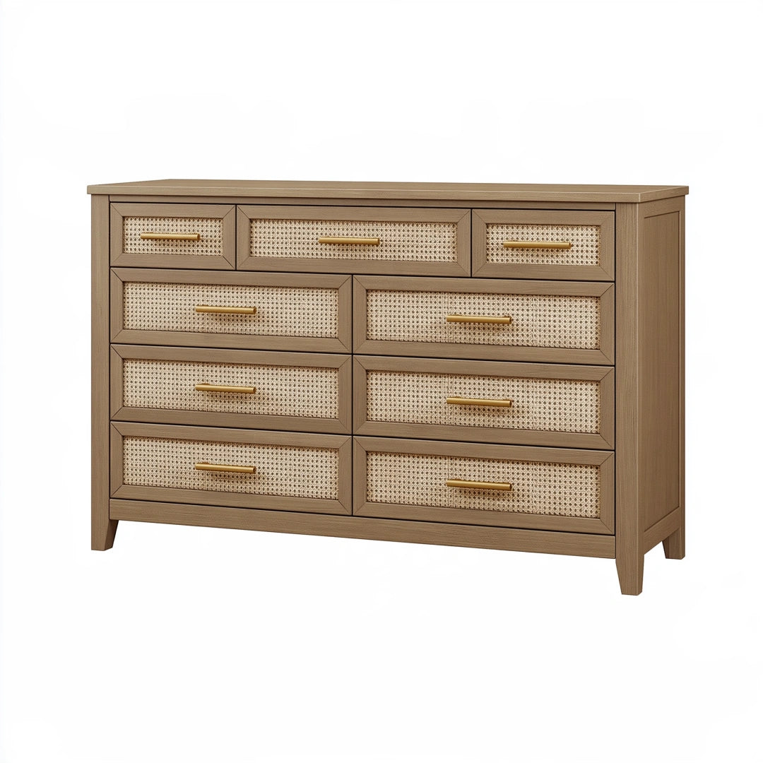 Commode 160 x 45 x 95 cm en bois brun et cannage style bohème à 9 tiroirs