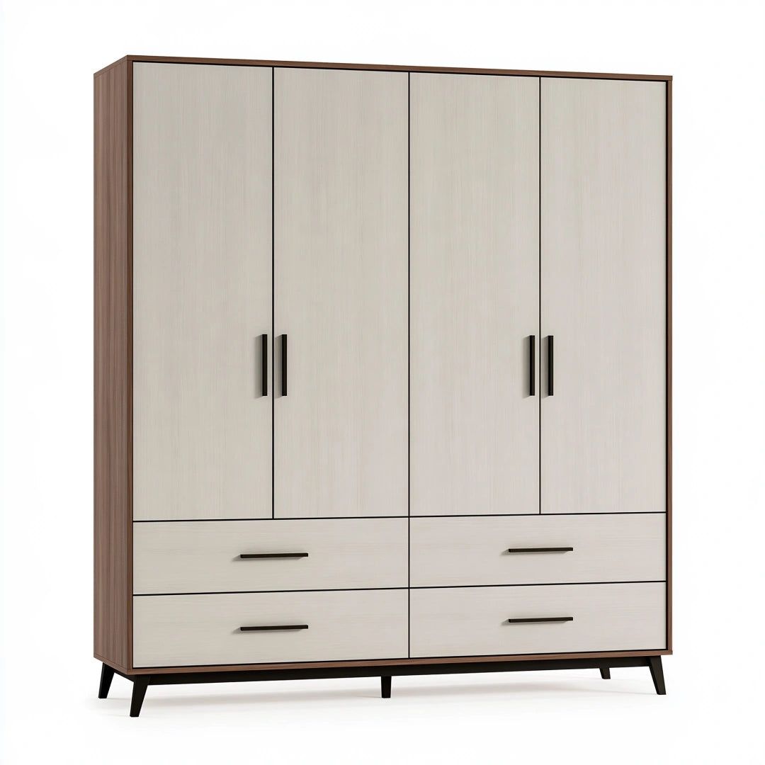 Armoire 180 x 52 x 200 cm en panneaux de bois beige et brun - 4 portes 4 tiroirs style moderne