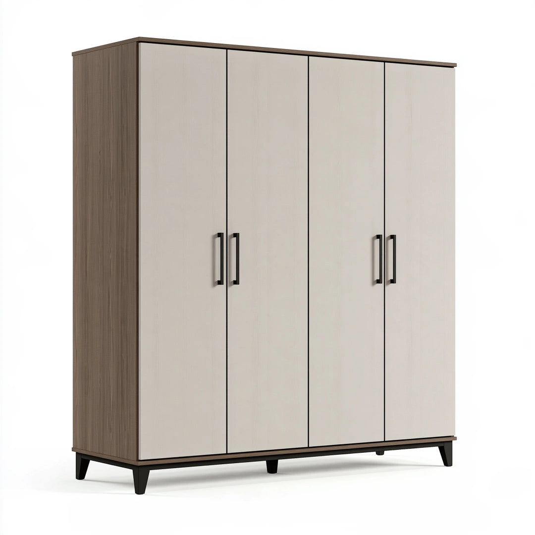 Armoire 180 x 60 x 200 cm en panneaux aspect bois blanc cassé et marron à 4 portes style contemporain