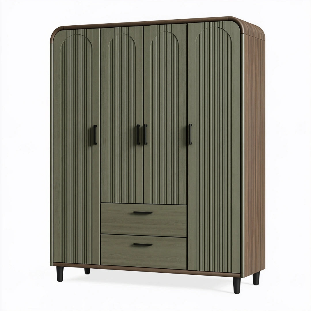 Armoire de rangement 160 x 55 x 200 cm en bois vert olive et noyer avec 4 portes et 2 tiroirs style contemporain