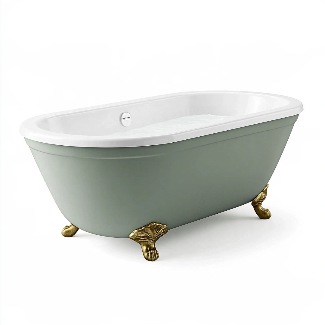 Baignoire îlot 170 cm 75 cm 75 cm en acrylique vert sauge et blanc avec pieds décoratifs