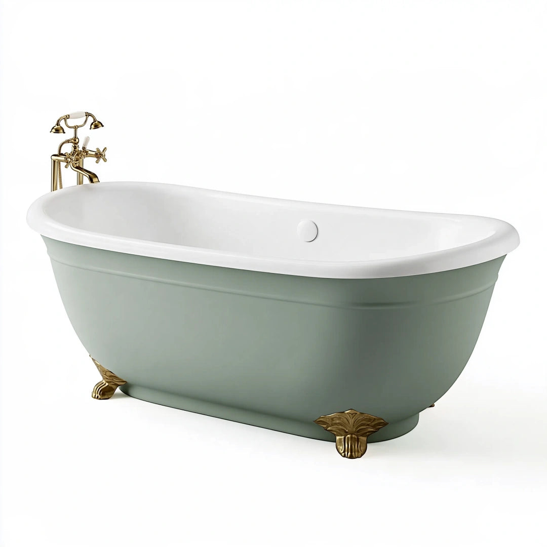 Baignoire îlot 170 x 75 cm en acrylique vert sauge et blanc style rétro sur pieds décoratifs