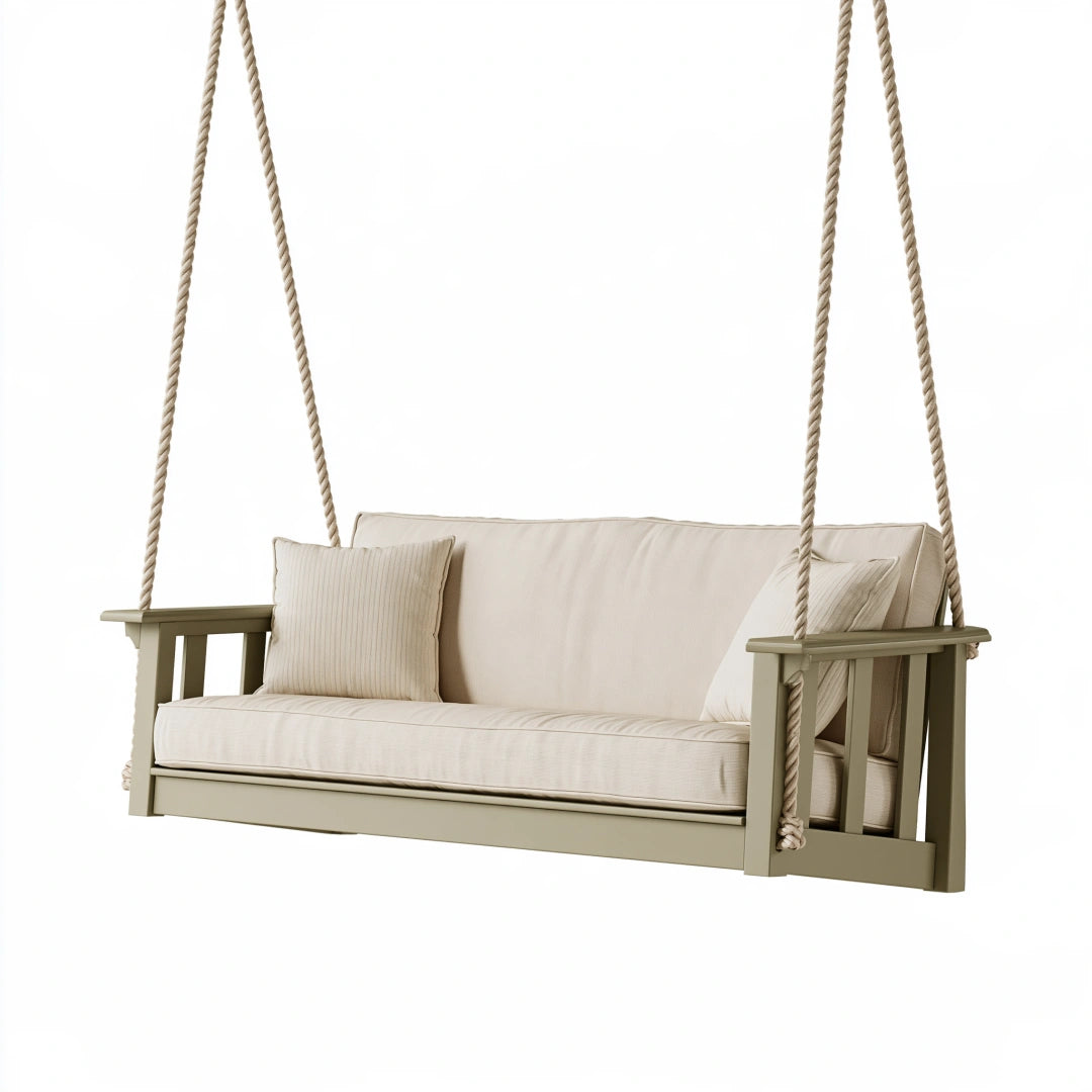 Balancelle de jardin 180 x 70 x 55 cm en bois vert olive avec cordes suspendues style naturel