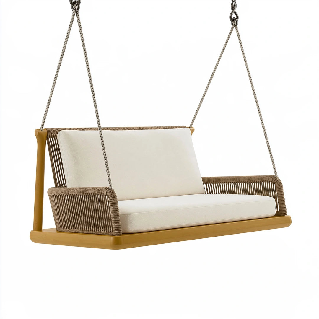 Balancelle suspendue 2 places 150 x 75 x 180 cm en bois marron et cordage avec assise blanc cassé style naturel