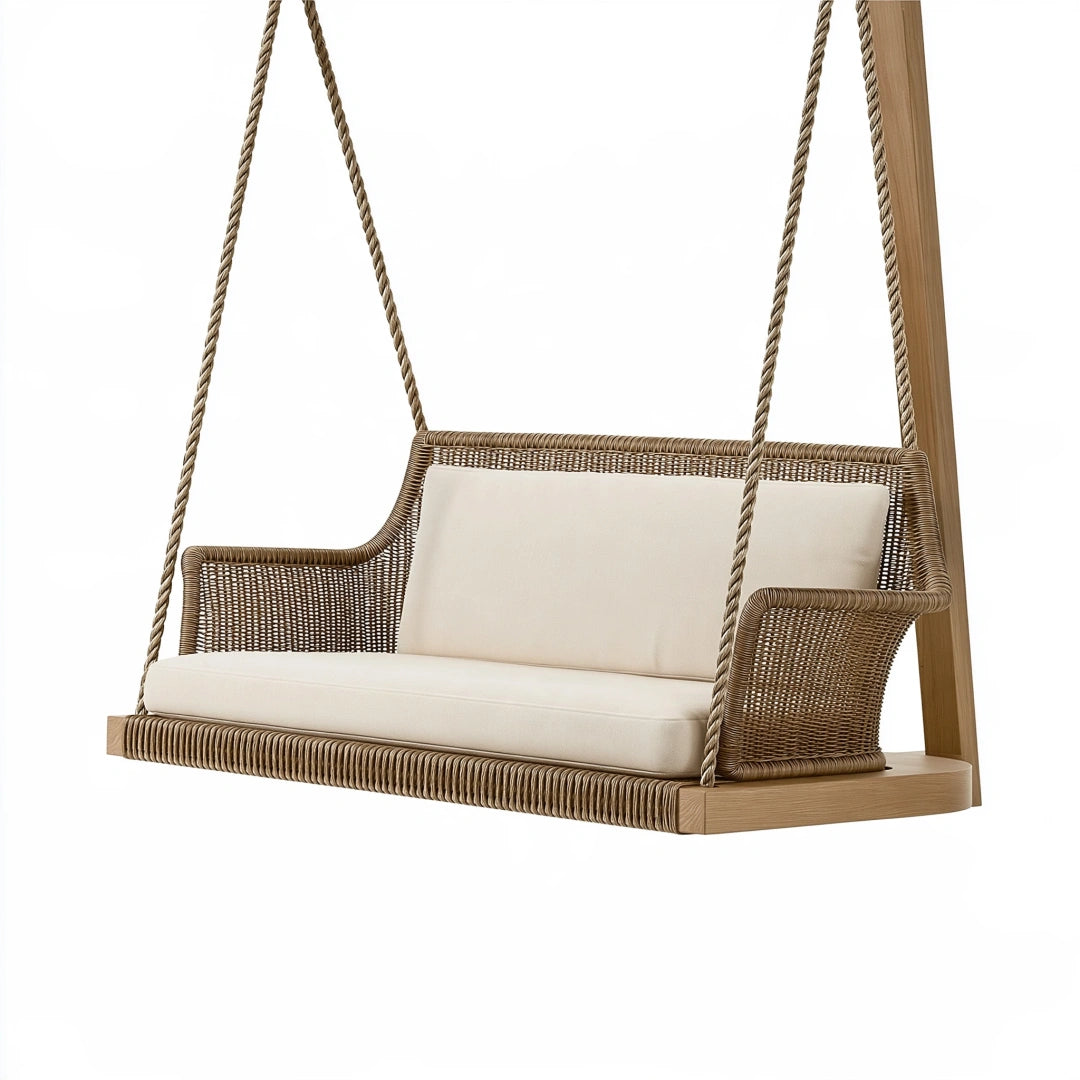 Balancelle de jardin 140 x 70 x 180 cm en bois et corde tressée beige style naturel suspendu