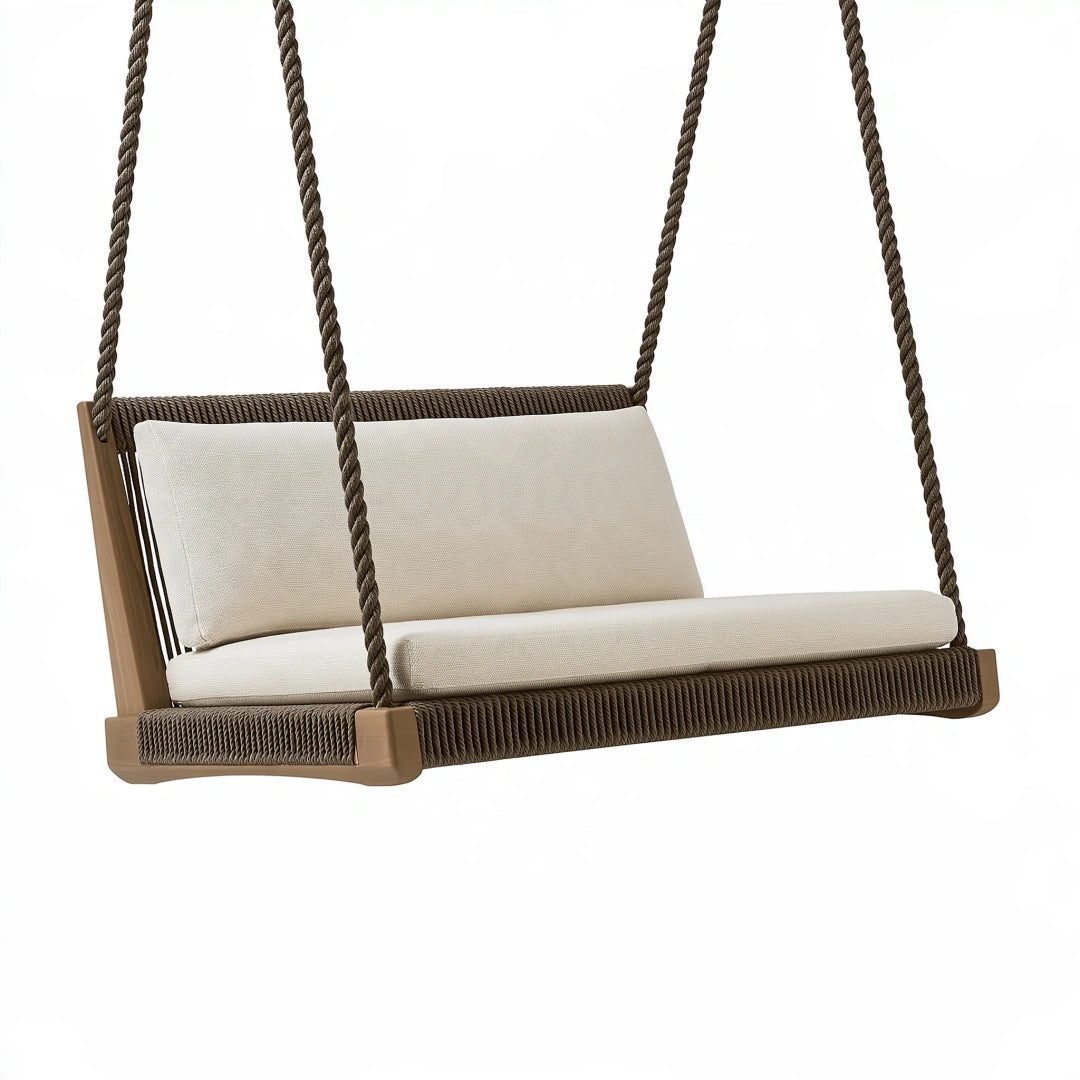 Balancelle suspendue 2 places 140 cm en bois et corde marron beige pour extérieur style contemporain