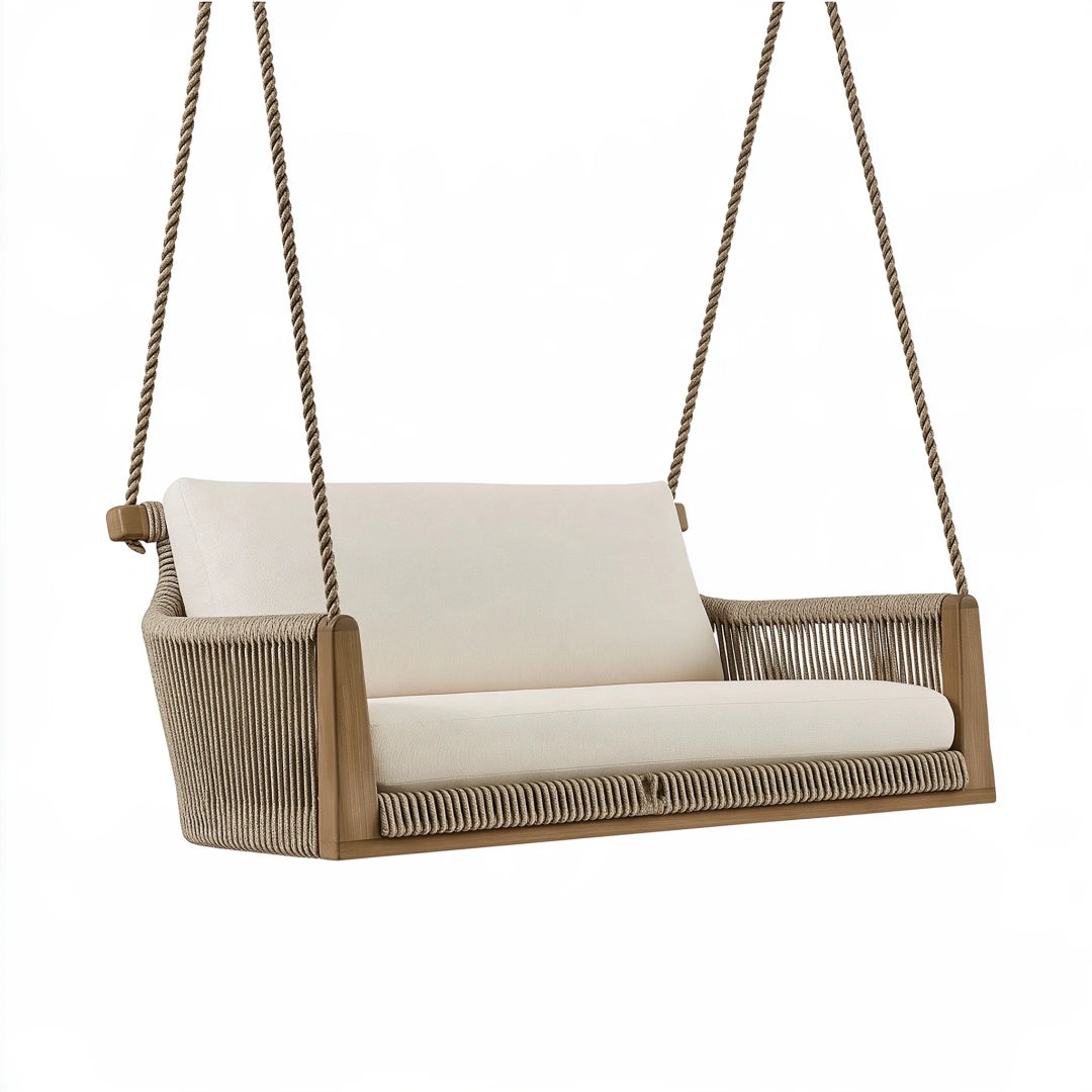 Balancelle suspendue 120 x 65 x 55 cm en bois et corde beige style naturel pour extérieur