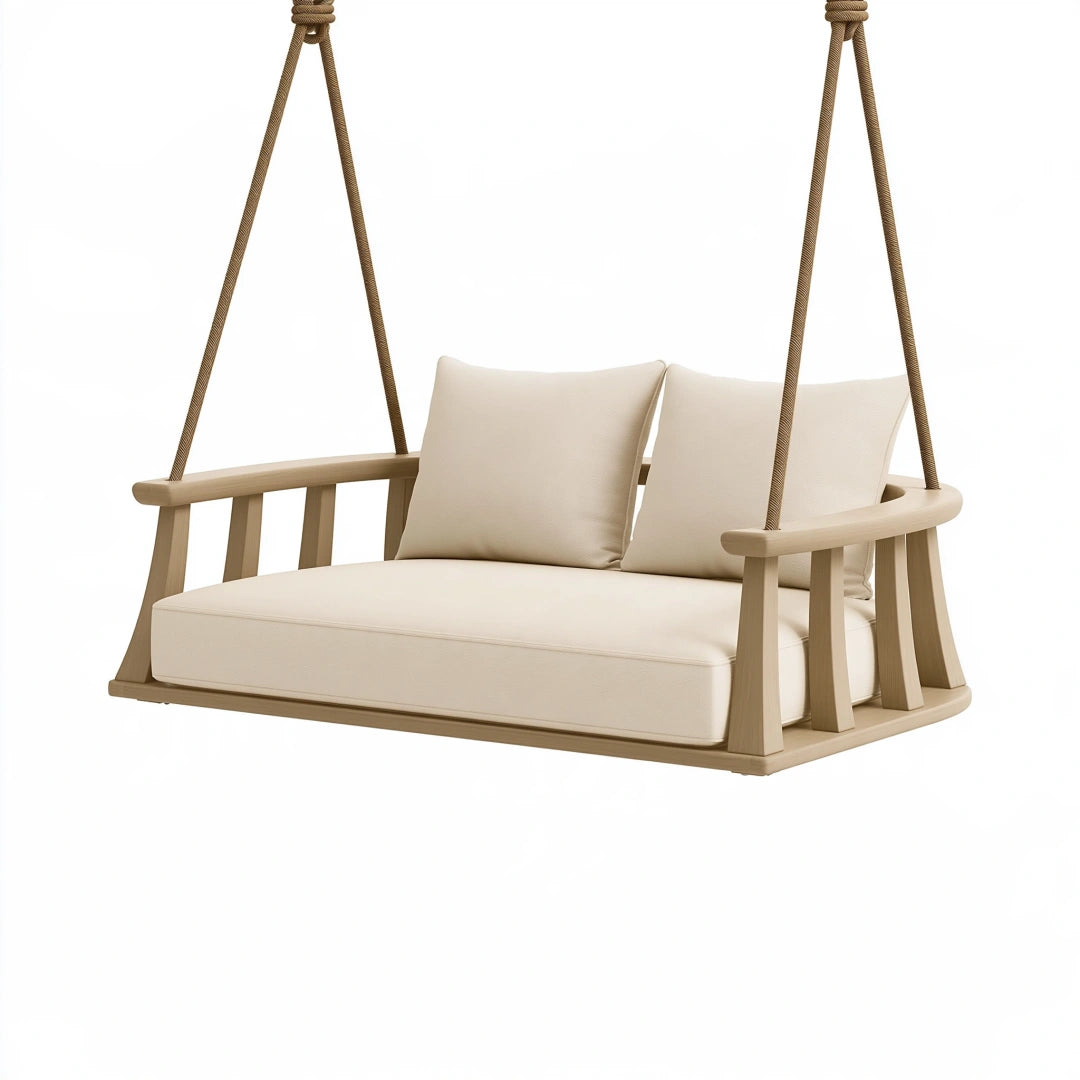 Balancelle suspendue 120 cm en bois beige avec cordes style naturel