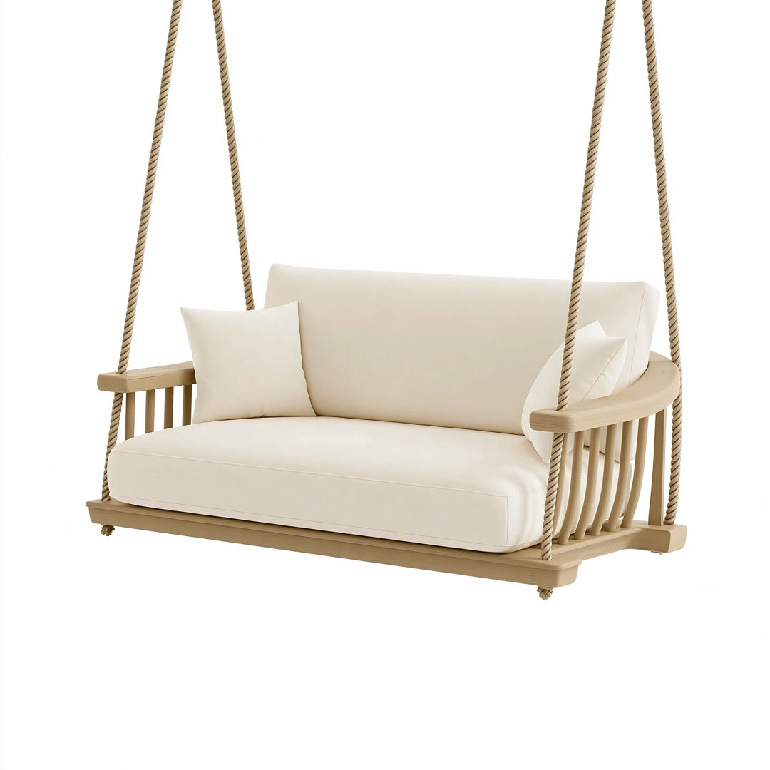 Balancelle de jardin 160 x 70 x 65 cm en bois beige suspendue 2 places