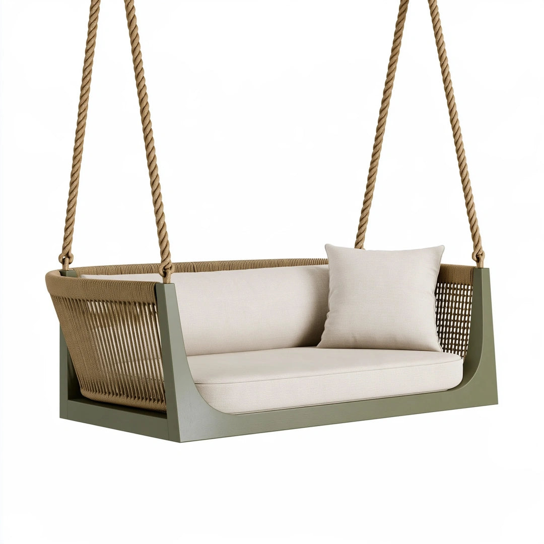 Balancelle de jardin 130 x 65 x 55 cm en corde et métal vert kaki style contemporain
