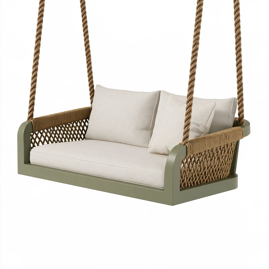 Balancelle suspendue 2 places 130 x 75 x 65 cm en métal vert kaki et corde tressée pour jardin