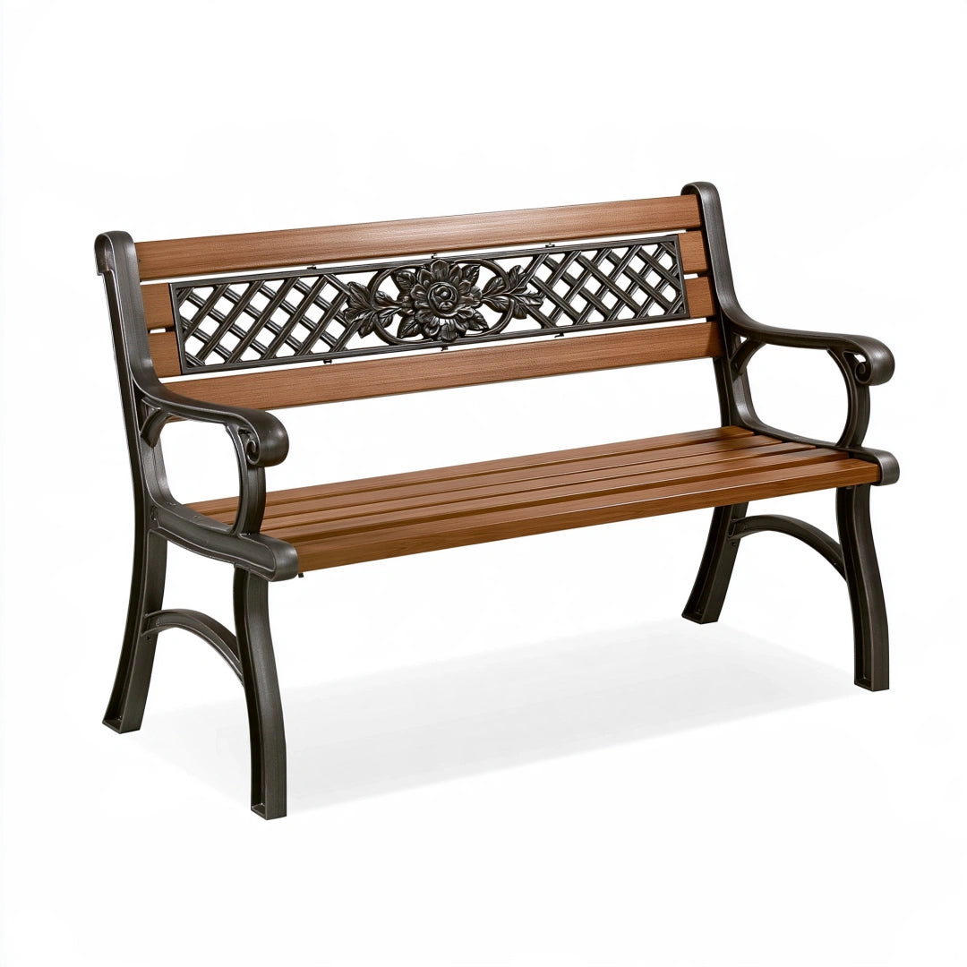 Banc de jardin 122 cm métal brun aspect bois avec accoudoirs style classique