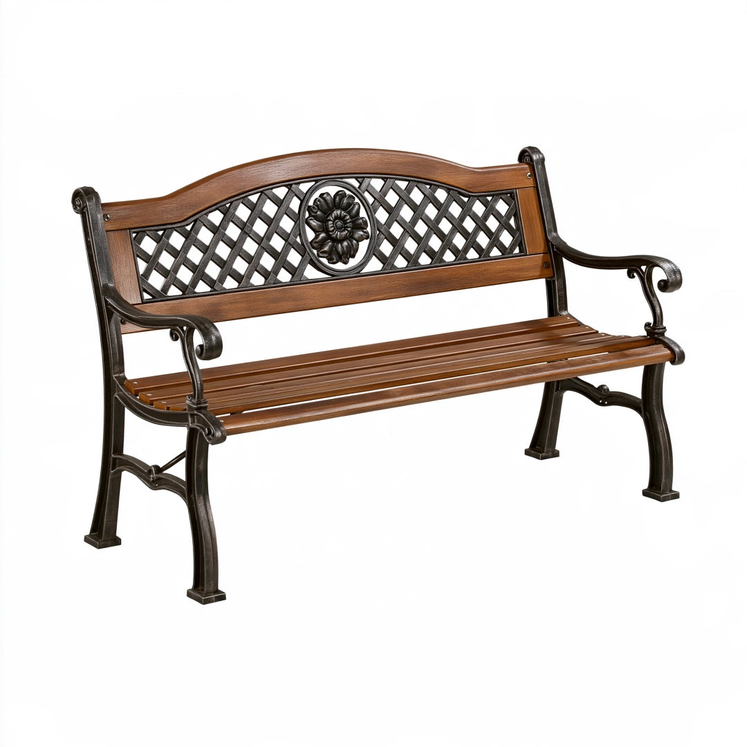 Banc de jardin 125 x 60 x 85 cm en bois et fonte marron/noir style classique
