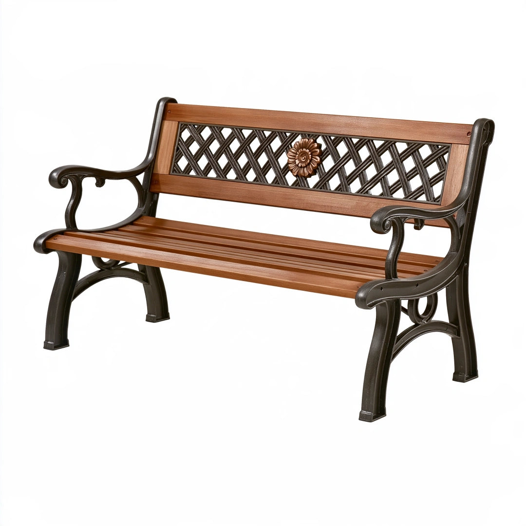 Banc de jardin 122 x 62 x 85 cm en bois et fonte brun noir style classique