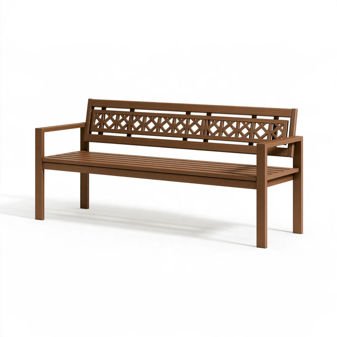 Banc de jardin 150 cm en bois marron style classique avec dossier ajouré