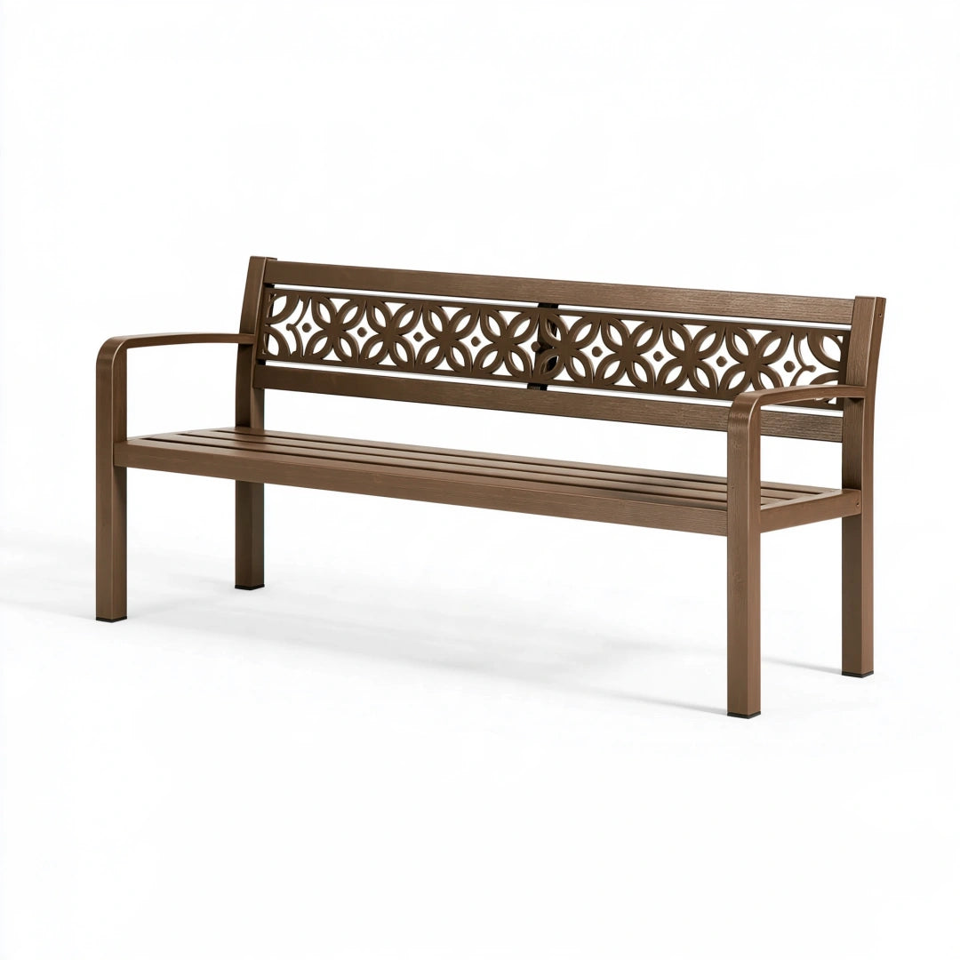 Banc de jardin 150 cm en plastique marron effet bois avec dossier ajouré